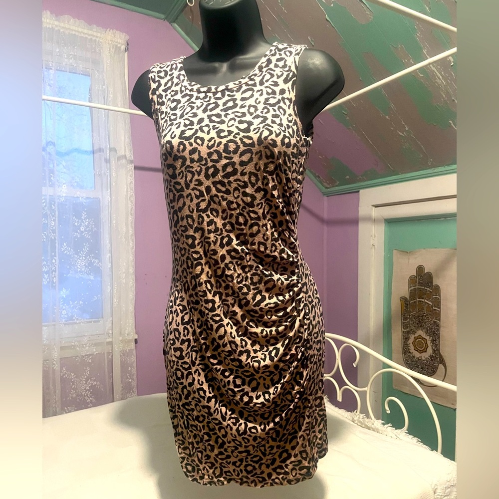 Ruched leopard dress. Fitted and flattering. Casual and fun! Size Small